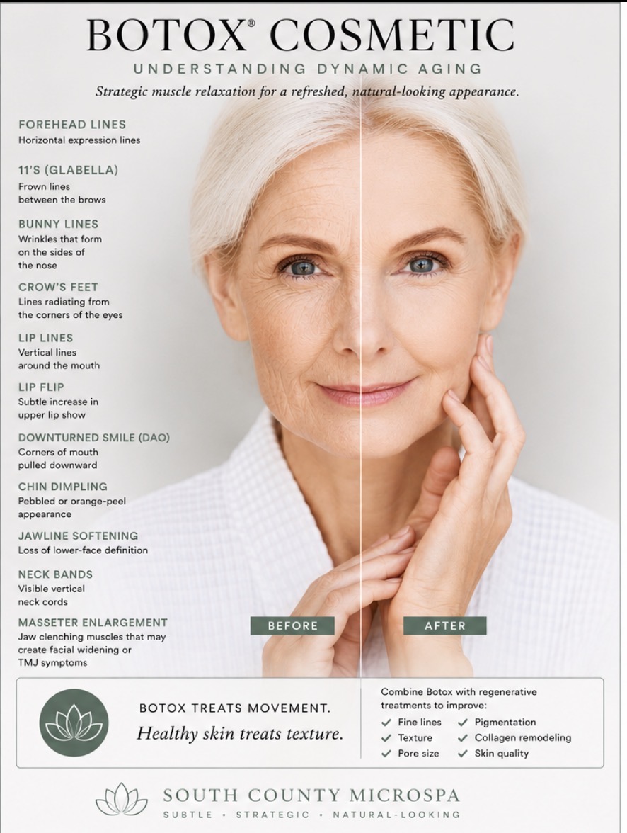 Botox Cosmetic — Understanding Dynamic Aging: treatment areas including forehead lines, 11s, crow's feet, lip lines, jawline, and neck bands