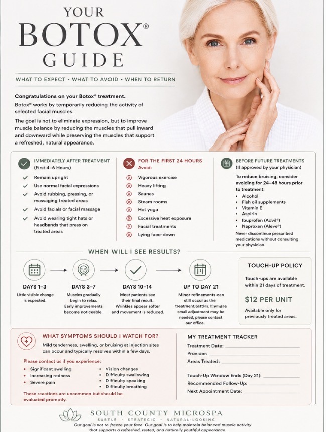 Your Botox Guide — what to expect, what to avoid, when to return, and touch-up policy at South County Microspa