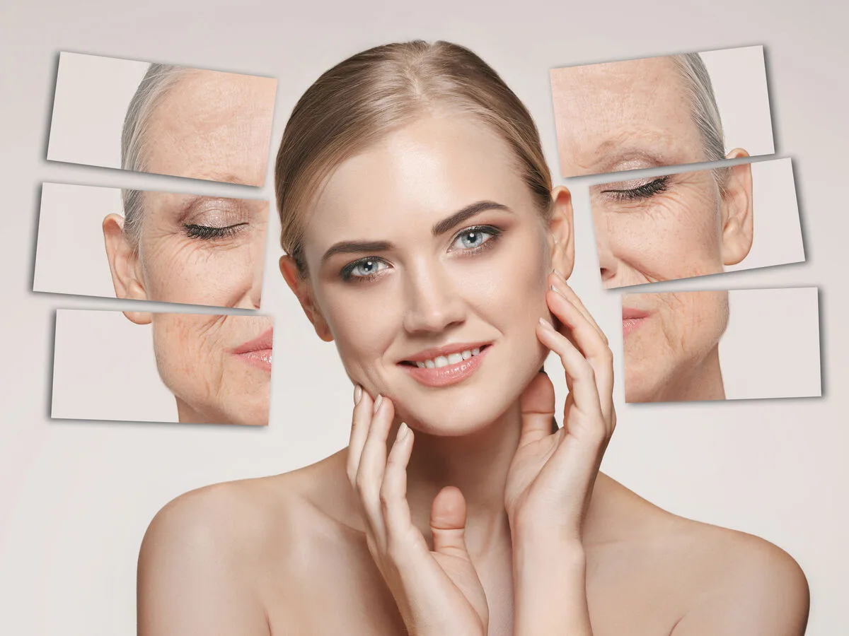 Close-up of mature woman's skin — illustrating the biological processes of intrinsic and extrinsic skin aging