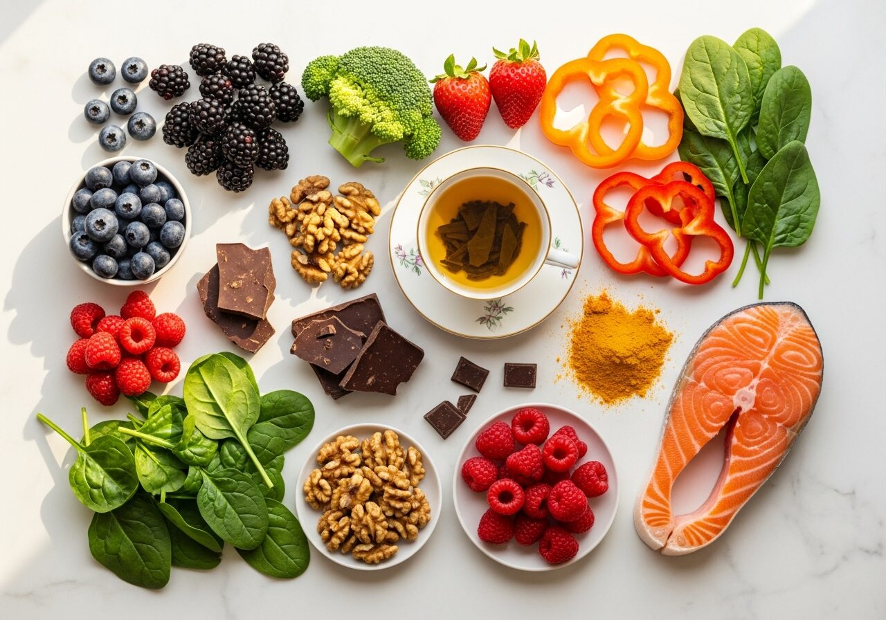 Antioxidant-rich foods including berries, vegetables, walnuts, and salmon arranged on marble