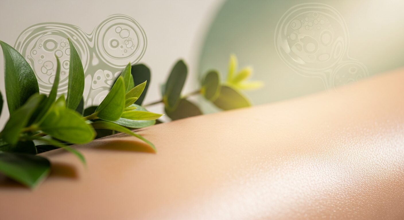 Glowing, radiant skin surrounded by fresh botanicals — representing antioxidant protection and cellular renewal